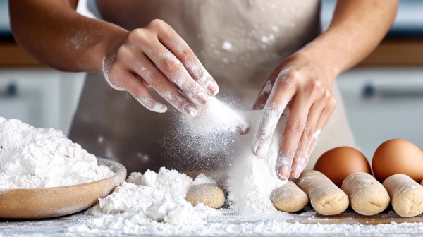 Close-Up of a Woman's Hands Kneading Dough in an Apron with Flour and Baking Ingredients